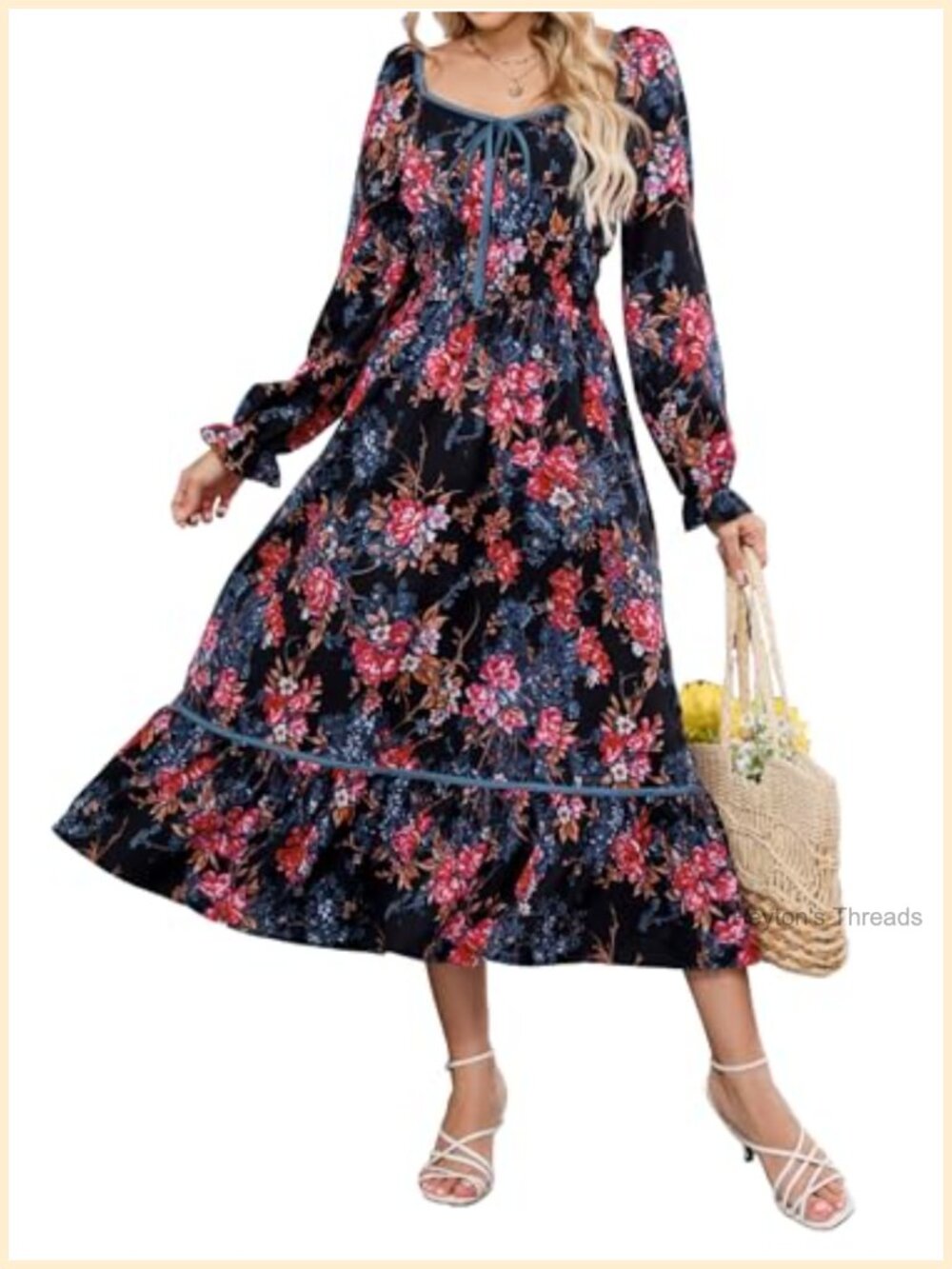 ZAFUL Long Sleeve Square Neck Floral Midi Dress High Waist A Line